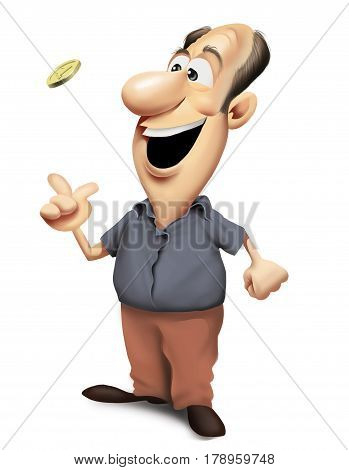Happy man standing and tossing a coin
