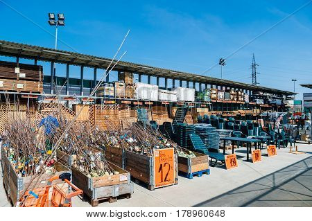 BUCHAREST ROMANIA - APR 1 2016: Exterior area of KIKA store selling ready-to-assemble garden and outdoor furniture with 20% discount and ready to plant fruit trees