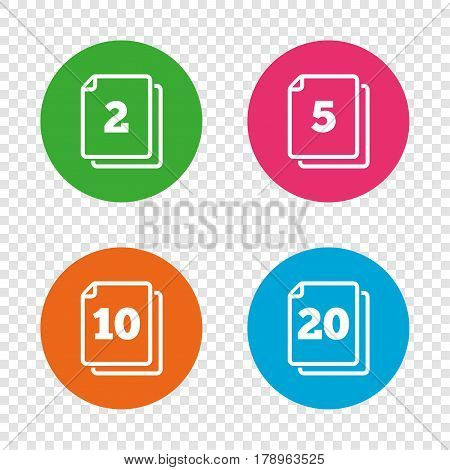 In pack sheets icons. Quantity per package symbols. 2, 5, 10 and 20 paper units in the pack signs. Round buttons on transparent background. Vector