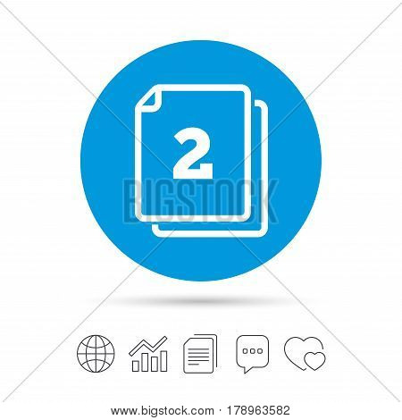In pack 2 sheets sign icon. 2 papers symbol. Copy files, chat speech bubble and chart web icons. Vector