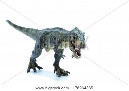 Green Jurassic Dinosaur Tyrannosaurus Rex With Open Mouth Running In Attack Position - White Backgro