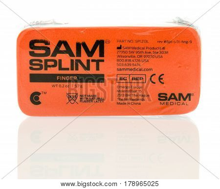 Winneconne WI - 27 March 2017: Package of Sam Splint for broken fingers on an isolated background.