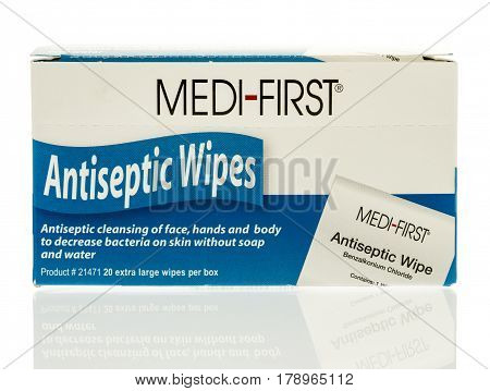 Winneconne WI - 27 March 2017: Box of antiseptic wipes made by Med-First on an isolated background.