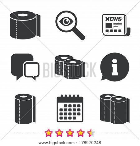 Toilet paper icons. Kitchen roll towel symbols. WC paper signs. Newspaper, information and calendar icons. Investigate magnifier, chat symbol. Vector