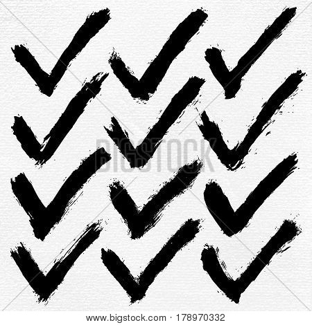 Check mark ink sketch on watercolor paper. Aquarelle abstract textured in handmade technique. Isolated shape on white background. Vector illustration for design in 10 eps