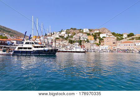 landscape of Hydra port Saronic Gulf Greece