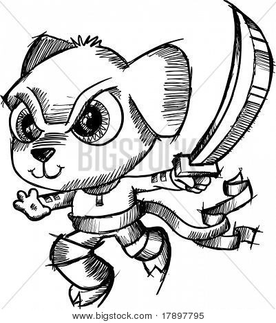 Ninja kiskutya kutya Doodle vektoros illusztráció