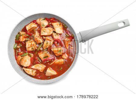 Chicken cacciatore in frying pan isolated on white