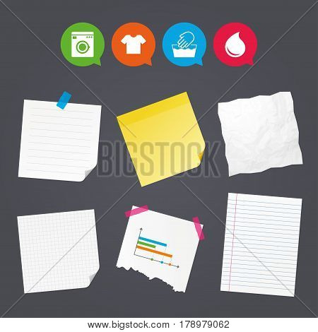 Business paper banners with notes. Wash machine icon. Hand wash. T-shirt clothes symbol. Laundry washhouse and water drop signs. Not machine washable. Sticky colorful tape. Speech bubbles with icons