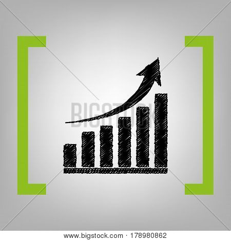 Growing graph sign. Vector. Black scribble icon in citron brackets on grayish background.