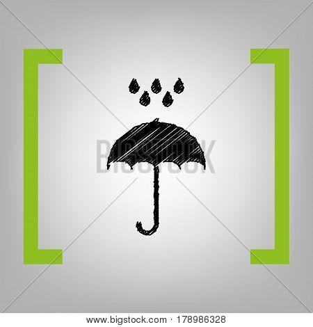 Umbrella with water drops. Rain protection symbol. Flat design style. Vector. Black scribble icon in citron brackets on grayish background.