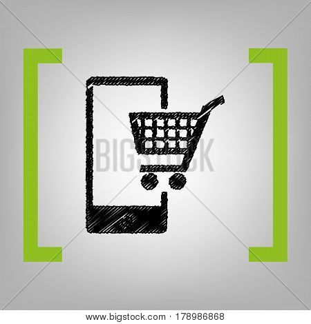 Shopping on smart phone sign. Vector. Black scribble icon in citron brackets on grayish background.