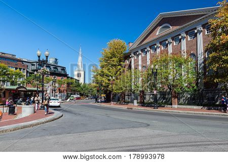BOSTON MASSACHUSETTS - SEPTEMBER 23 2013: street view of Harvard square in Cambridge MA