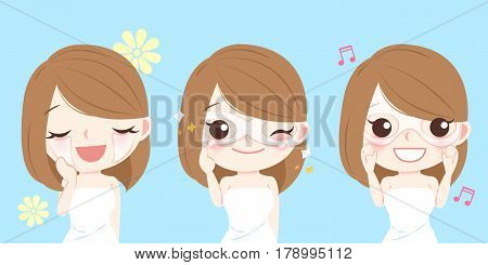 cartoon beauty woman use eye mask with blue background