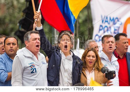 Quito, Ecuador - March 26, 2017: Guillermo Lasso, candidate for the CREO movement, along his binomial, Andres Paez during electoral campaign.