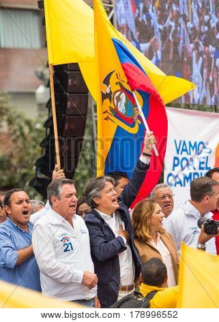 Quito, Ecuador - March 26, 2017: Guillermo Lasso, candidate for the CREO movement, along his binomial, Andres Paez during electoral campaign.