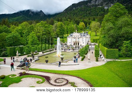 Famous Linderhof Palace And Fountain Group, Ettal, Bavaria, Germany.
