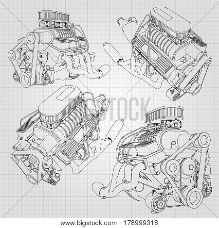 A Set Of Several Types Of Powerful Car Engine. The Engine Is Drawn With Black Lines On A White Sheet