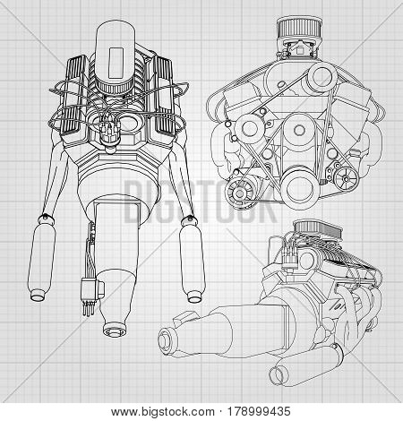 A Set Of Several Types Of Powerful Car Engine. The Engine Is Drawn With Black Lines On A White Sheet