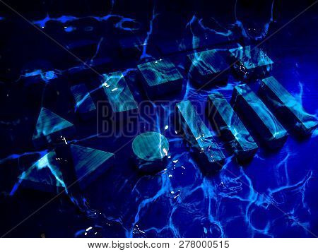 Group Of Block Objects Are Deep Underwater. Dark Blue Mystic Magical Naval Background Of Undiscovere