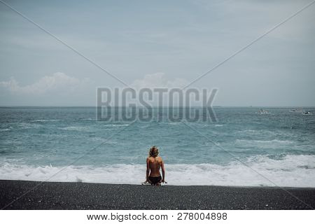 Woman Sit On Tropical Beach Black Sand Nacked