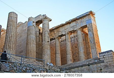 Columns Near The Entrance And Propylaea To The Acropolis Just Above The Theater Odeon Of Herodes Att