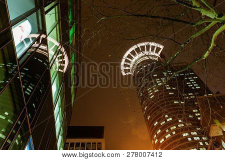 Frankfurt Am Main, Germany - January 07, 2019: Westend Tower In Frankfurt At Night. The Westend Towe