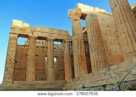 Columns Near The Entrance And Propylaea To The Acropolis Just Above The Theater Odeon Of Herodes Att