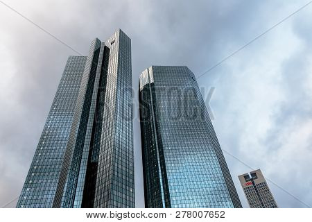 Frankfurt Am Main, Germany - January 08, 2019: Deutsche Bank Twin Towers In Frankfurt. Both Towers R