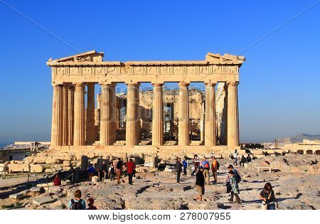 Athens, Attica, Greece - October 26, 2018:  The Parthenon On The Acropolis In Athens, Greece With A 