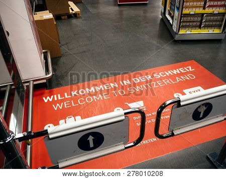 Basel, Switzerland - Mar 22, 2018: Welcome To Switzerland Signage On The Floor Of Basel Airport Term