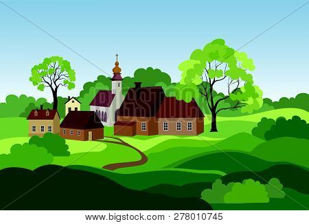 Rural Landscape With Hills, Fields, Trees And Countryhouse. Countryside Skyline.