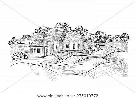 Sketch Of Rural Landscape With Hills, Fields And Countryhouse. Skyline With Coundtry Houses And Farm