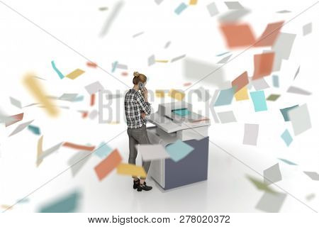 
mad copier machine produces sheets of paper, 3d illustration