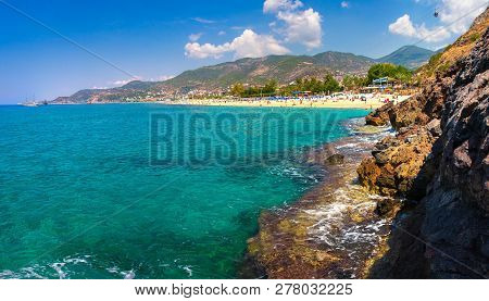 View On Kleopatra Beach In Alanya, Turkey. Turkish Resort On Sea Bay. Mediterranean Sea With Turquoi