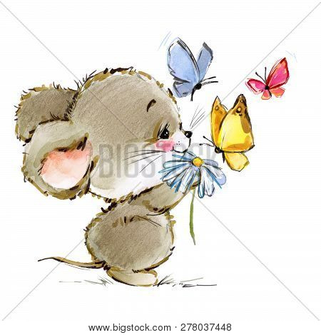Cartoon Mouse Watercolor Hand Drawn Illustration. Cute Mice.