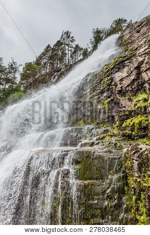 Svandalsfossen In Norway, Waterfall In Norwegian Mountains. National Tourist Ryfylke Route.