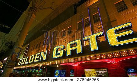Las Vegas,nv - Sep 16, 2018: Golden Gate Hotel & Casino Sign Illuminated By Night In Las Vegas. It I