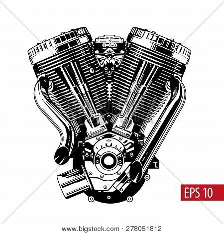 Vintage Custom Motorcycle Engine Isolated On White. Monochrome Black And White Vector Illustration.