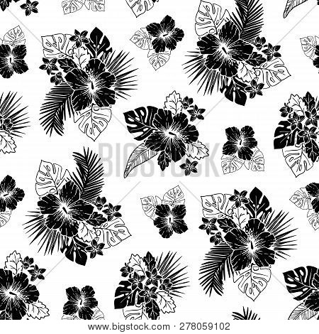 Black And White Exotic Foliage And Hibiscus Flowers Vector Seamless Pattern. Lush Tropical Palm Leav