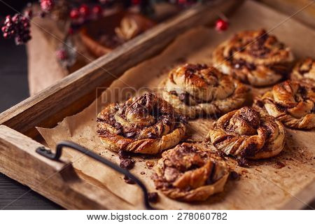Cinnabon With Chocolate. Cake Food Concept Photo. Close Up View.