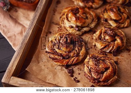Cinnabon With Chocolate. Cake Food Concept Photo. Close Up View.