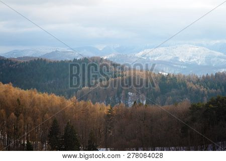 Landscape Of The First Snowclouds Over The Carpathian Mountains, Viewed From The Rasnov Fortress.