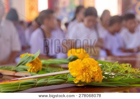 Thai Students Wear White Clothes Making A Merit At The Temple In Pranburi, Thailand July 21,2017