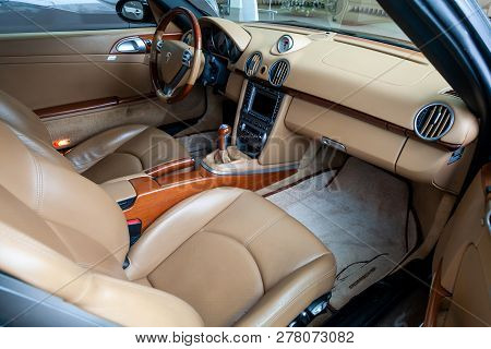 Novosibirsk, Russia - 08.01.2018: The Interior Of An Expensive Sportcar Coupe Porsche Boxster S 2006