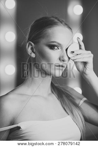 Woman Use Cotton Pad For Cleaning Face Skin. Skincare, Treatment And Therapy. Beauty Model With Fres