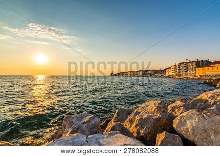 Sunset Above The Adriatic Sea In Piran City, Slovenia. Old Ancient And Mediaveal City, View From Coa