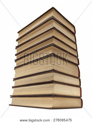 Stacks Of Old Books With Yellowed Pages Isolated On White Background. Library Or Bookstore Concept.