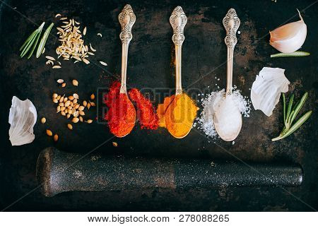 Asortted Spices On A Black Tray. Infographics
