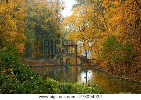 Autumn Park. Bridge Over The Pond. Yellow And Green Foliage.